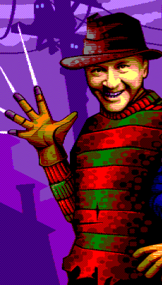 NoRecess drawn in pixel art as Freddy Krueger, wearing a fedora, a red and green striped sweater and a bladed glove.