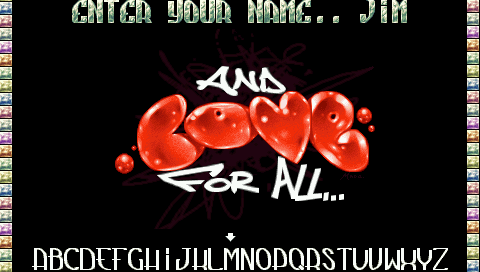 The screen for typing your name letter by letter