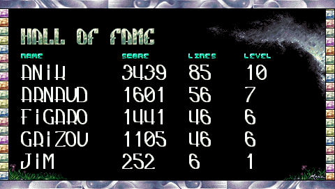 The hall of fame table, listing name, score, lines and level
