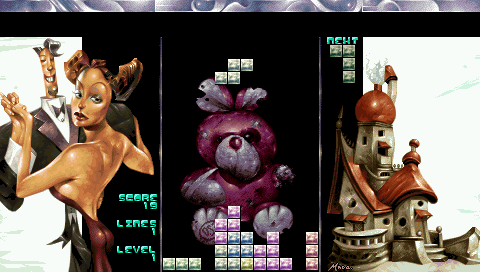 A game in progress, the falling piece above the stack