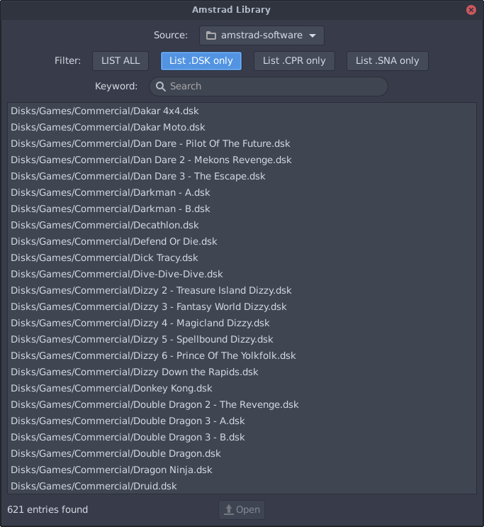 The library window, listing the software found under a chosen folder with its filters