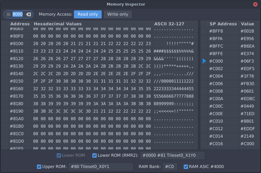 The memory inspector, showing memory values and the current ROM and RAM configuration