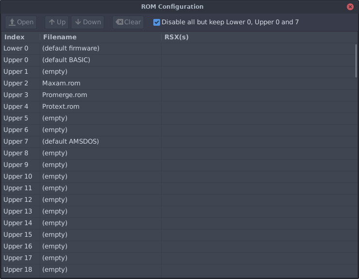 The ROM configuration window, listing the lower and upper ROMs and the RSXs they carry