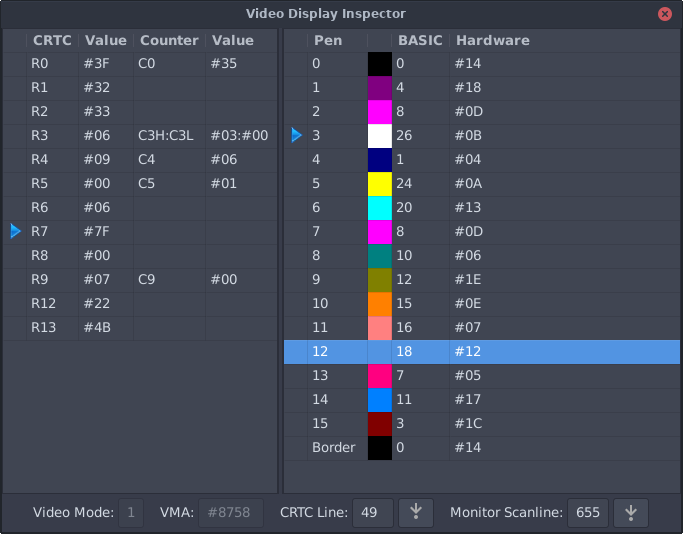 The video display window, showing the current mode, the video memory address and the scanline fields
