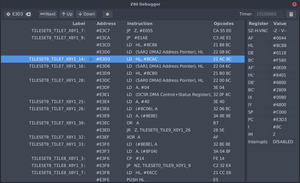 The Z80 debugger, showing the disassembly, the registers and the stack