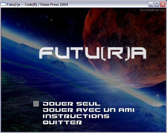 The title screen of Futu(R)a, with a planet rising over a blue horizon