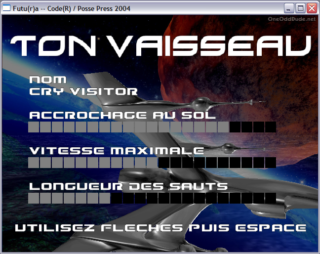The ship selection screen, showing grip, top speed and jump length as bar gauges