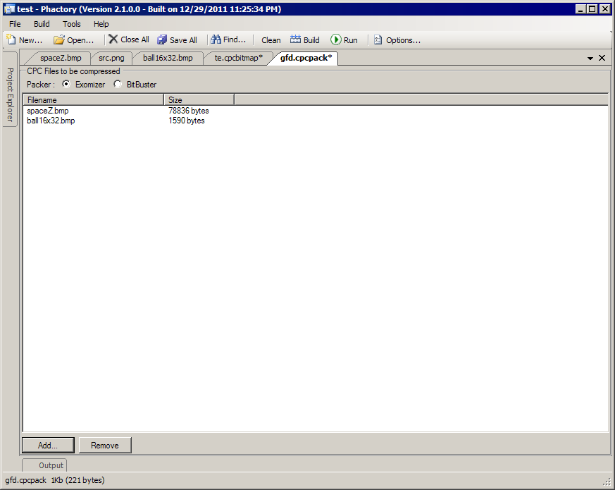 The CPCPacker plugin, listing two bitmaps to be compressed with a choice between Exomizer and BitBuster