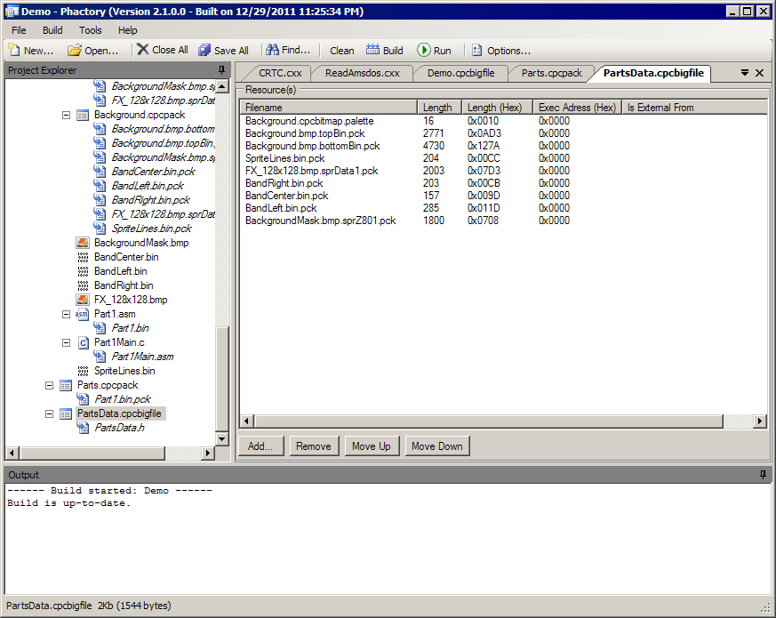 The CPCBigFile plugin, listing packed resources with their length and execution address