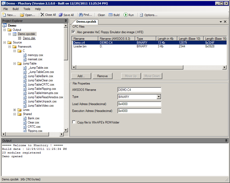 The CPCDSK plugin, listing the files of a disc image with their AMSDOS names, load and execution addresses