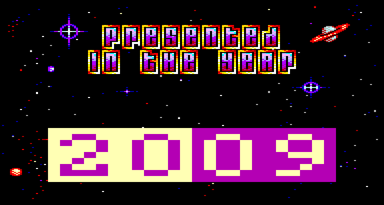 The words presented in the year 2009, over a starfield