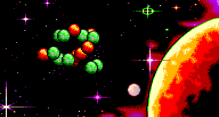 Coloured spheres turning in front of a planet