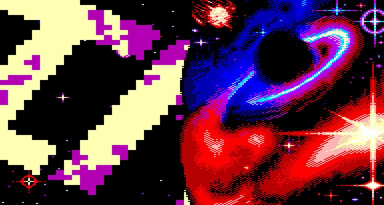 A giant letter of the scroller passing over a black hole