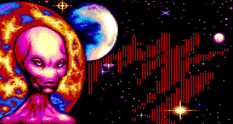 A portrait beside a plasma drawn in rasters