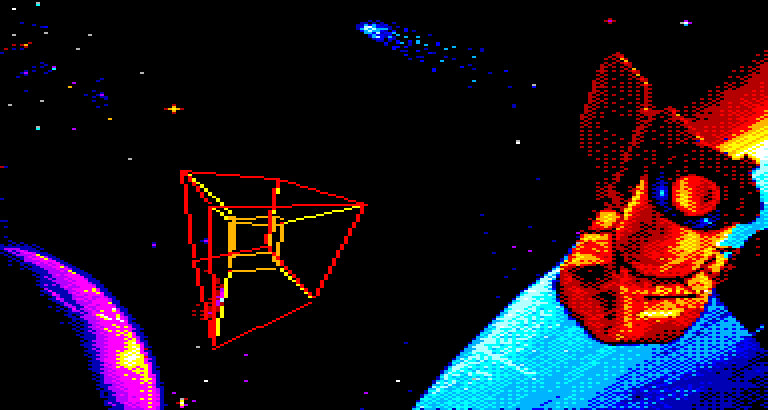 A wireframe cube spinning beside the artwork