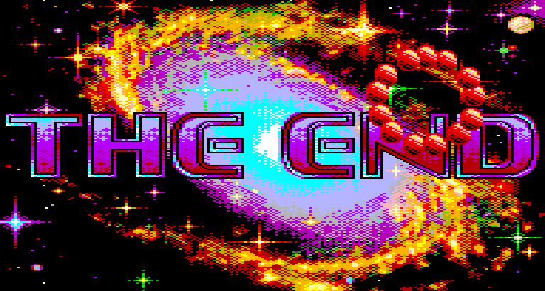 The words THE END over a galaxy
