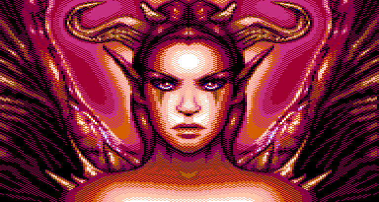 A horned face, in pink and purple