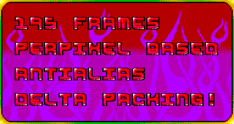 The text: 195 frames, per-pixel based antialias, delta packing