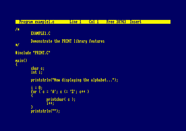 A C source open in Protext, including PRINT.C and printing the alphabet in a loop