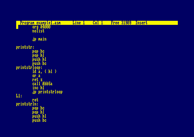 The generated Z80 assembly open in Protext, starting at org &4000