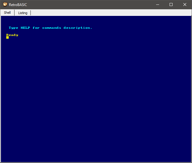 The Shell tab of RetroBASIC on startup, in yellow and cyan on dark blue