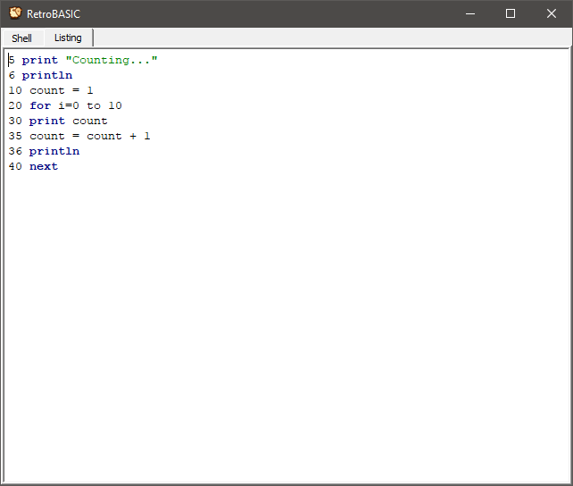 The Listing tab showing a numbered BASIC program with syntax colouring