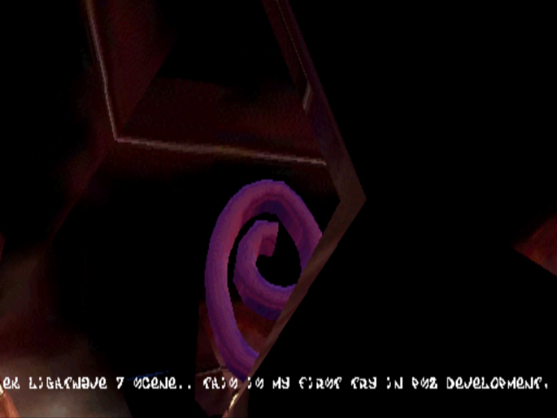 A twisted spiral shape above the burning room, the scrolltext running underneath