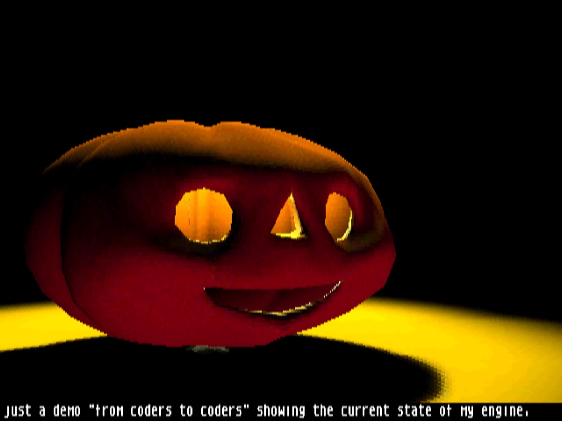 The carved pumpkin up close, grinning in the spotlight