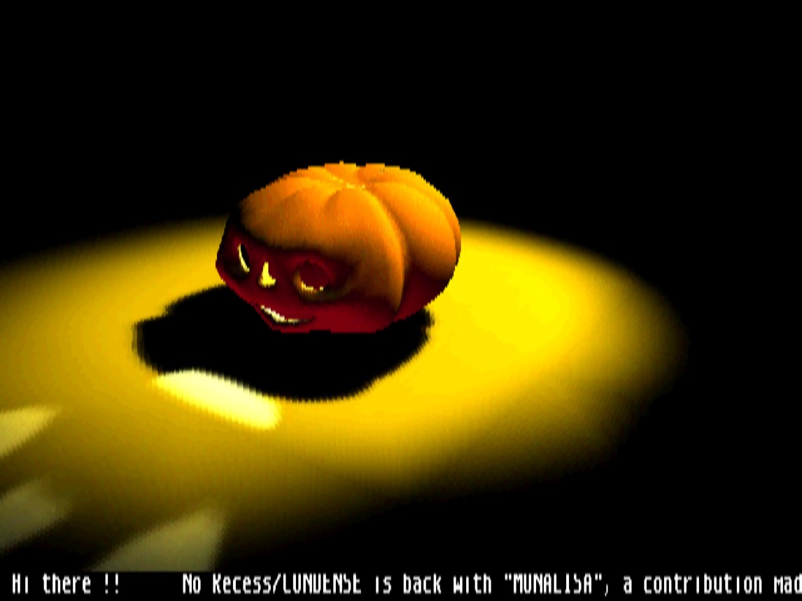 The pumpkin of the citrouille scene in a yellow spotlight, the scrolltext starting underneath