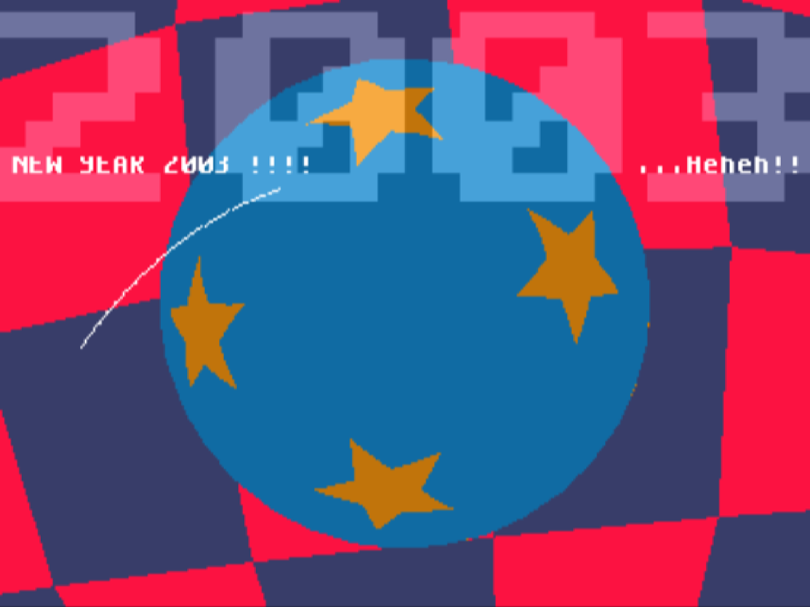 A blue globe covered in stars over a twisting checkerboard, the scrolltext wishing a happy new year