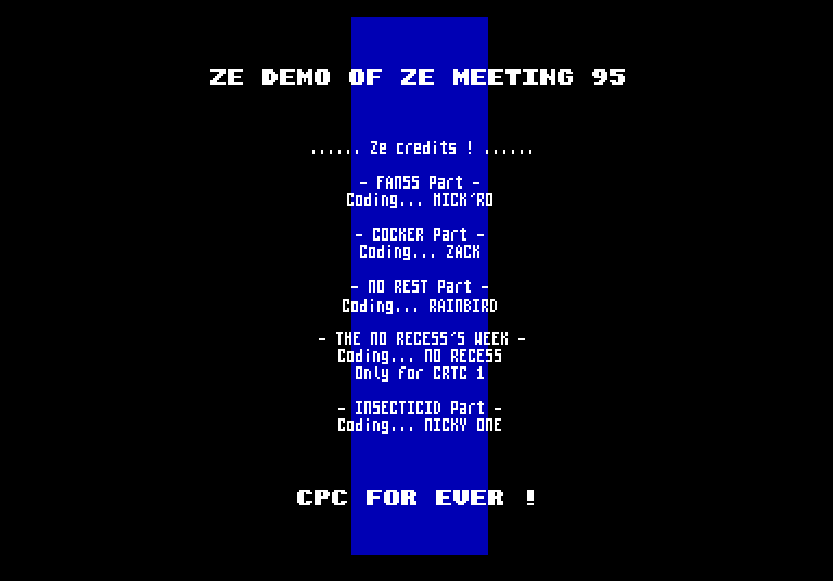 The credits screen, listing each part of the demo with the name of its coder