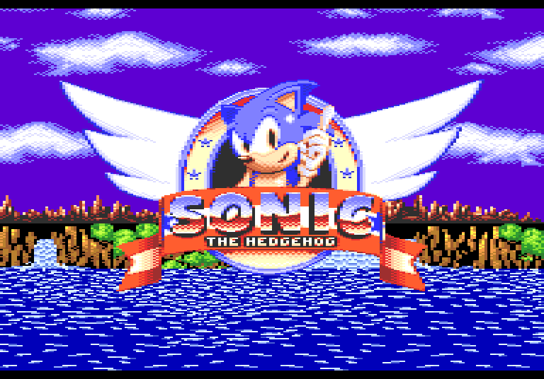 The title screen: the winged Sonic the Hedgehog emblem above the sea, the coastline behind it