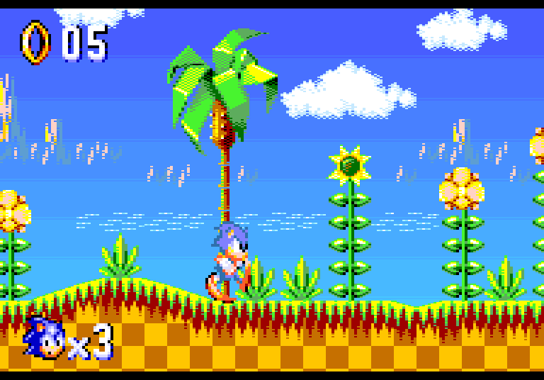 Green Hill Zone: Sonic climbing at the foot of a palm tree, five rings collected and three lives left