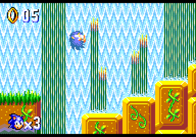 Jungle Zone: Sonic rolled into a ball between the bamboo, above the stone blocks