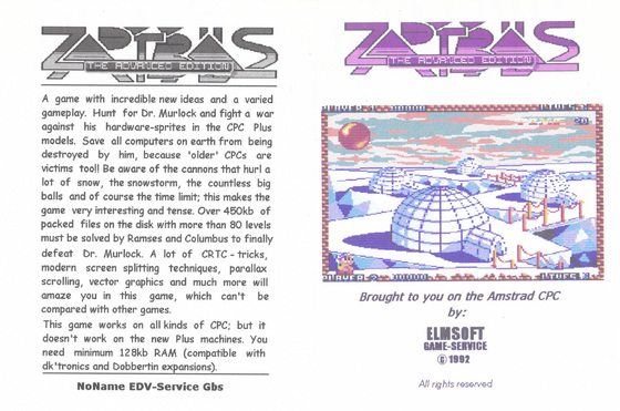 Zap't'Balls game description sheet (courtesy of www.cpc-power.com)