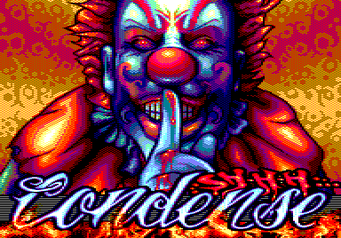 The phX title screen: a clown in red and blue, a finger to its lips, over the Condense logo